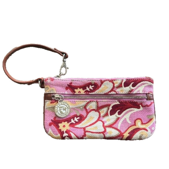 Spartina 449 Pink Multicolor Floral Cross Stitch Linen Wristlet - Picture 1 of 8